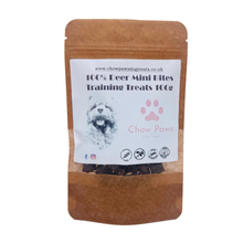 Load image into Gallery viewer, Dog treat package labeled '100% Deer Mini Bites Training Treats 100g' by Chow Paws on a white background.