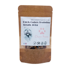 Load image into Gallery viewer, Dog treat package labeled 'Duck Cubes Training Treats 100g' by Chow Paws on a white background
