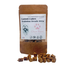 Load image into Gallery viewer, Package of Chow Paws Rabbit Cubes Training Treats with treats displayed in front on a white background