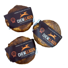 Load image into Gallery viewer, Three Chewllagen Beef Small Donut treats for dogs, approximately 3.5 inches in size, wrapped individually in black packaging with orange text.