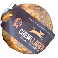 Load image into Gallery viewer, A Chewllagen Chicken Small Donut treat for dogs, showing the treat wrapped in brown paper with the brand label visible.