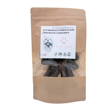 Load image into Gallery viewer, Kraft paper packaging with a label for 'Chicken Golden Paste (Turmeric) Sausages' by Chow Paws on a white background.