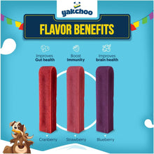 Load image into Gallery viewer, Yakchoo flavor benefits for dog treats with cranberry, strawberry, and blueberry flavors on a blue background.