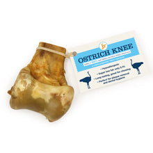 Load image into Gallery viewer, Ostrich knee pet chew with a label on a white background