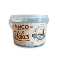 Load image into Gallery viewer, A tub of ANCO Bakes With Duck grain free baked treats for dogs, featuring a beige label with blue and brown text and graphics, on a white background.