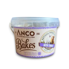 Load image into Gallery viewer, A tub of Anco Bakes With Turkey dog treats, featuring a beige label with purple accents and a clear plastic lid, set against a plain white background.