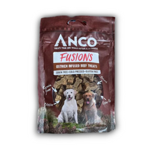 Load image into Gallery viewer, A bag of Anco Fusions Ostrich Infused Beef Treats for dogs, featuring a dark brown pouch with images of two dogs and the product pieces visible through a clear window.