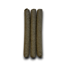 Load image into Gallery viewer, Three cylindrical sticks of Anco Fusions Ostrich Infused Beef Roll on a white background