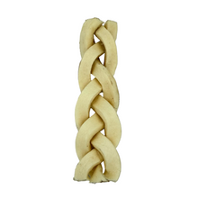 Load image into Gallery viewer, Braided piece of beef dog chew on a light background