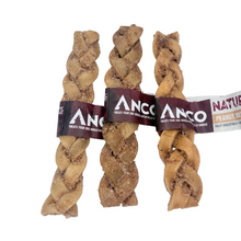 Load image into Gallery viewer, Three braided dog treats with ANCO labels on a white background