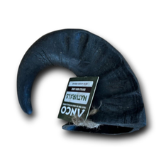 Load image into Gallery viewer, A black horned costume hat with a tag that reads 'ANCO NATURAls', shown on a white background with a drop shadow.