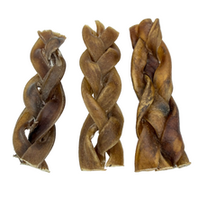 Load image into Gallery viewer, Three braided dog treats on a white background