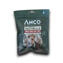 Load image into Gallery viewer, Anco Naturals Freeze-Dried Beef Cudes dog treats in a dark green resealable pouch with a clear window showing the cube-shaped treats inside, on a white background.