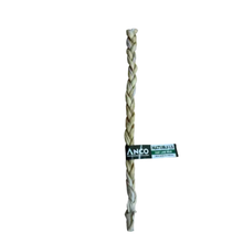 Load image into Gallery viewer, A braided natural dog chew rope with a black and green ANCO Naturals tag wrapped around the middle, isolated on a white background.