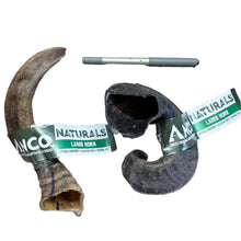 Load image into Gallery viewer, Two ANCO Naturals lamb horns with a pen for scale on a white background