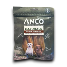 Load image into Gallery viewer, Anco Naturals dog treat pouch featuring two dogs on the front, labeled 'Ostrich Paddywack' with 'All Natural Ingredients'.