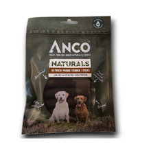 Load image into Gallery viewer, ANCO Naturals Ostrich Prime Tender Sticks dog treats in a dark olive green resealable pouch, featuring images of two dogs on the front.