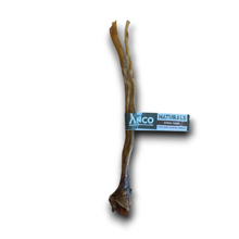 Load image into Gallery viewer, A natural dog chew stick treat from Arco Naturals, shown vertically on a white background with its paper band packaging wrapped around the middle.
