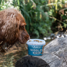 Load image into Gallery viewer, Dog sniffing a container of ANCO Nibbles duck treats by a body of water.