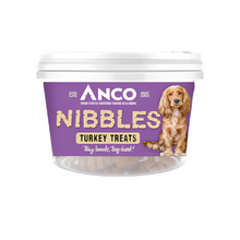 Load image into Gallery viewer, Dog treat container labeled 'Anco Nibbles Turkey Treats' with a purple label and white lid.