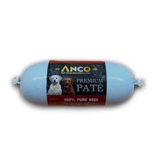 Load image into Gallery viewer, Anco Premium Pate dog food in a light blue sausage-shaped package with a dark red and black label featuring pictures of two dogs.