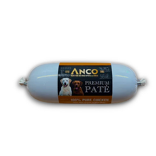 Load image into Gallery viewer, A single sausage-shaped package of ANCO Premium Pâté dog food, 100% pure chicken, on a white background.