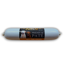 Load image into Gallery viewer, A single coiled tube of ANCO Premium Pate dog food on a white background. The product has a white outer casing with a central label showing photos of a white dog and a golden retriever, with the text 'PREMIUM PATE' and '100% PURE CHICKEN'.