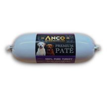 Load image into Gallery viewer, Anco Premium Pate dog food in a light blue sausage casing with a black and purple label featuring dog photos and product details.