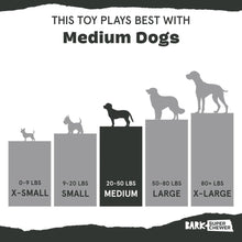 Load image into Gallery viewer, Chart showing toy size compatibility with dog weight categories, with 'Medium' dogs highlighted.
