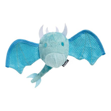 Load image into Gallery viewer, A light blue dragon plush toy with textured mesh wings, white horns, and a small black tag reading 'MADE IN DENMARK' on a plain white background.