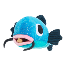 Load image into Gallery viewer, Blue plush fish toy with black fins on a white background