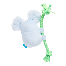 Load image into Gallery viewer, A light blue plush mouse toy with fluffy ears and a mint green braided rope tail, shown on a solid white background.
