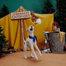 Load image into Gallery viewer, A white dog wearing a blue ribbon bow jumps toward a plush stuffed animal floating in the air, set in front of a yellow camping tent backdrop with a sign reading 'THE GRRREAT OUTDOORS.' Trees, a lantern, and camp-themed props surround the scene.