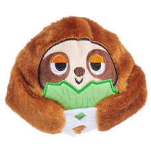 Load image into Gallery viewer, A plush toy shaped like a sloth wrapped in brown faux fur, holding a green leafy vegetable, on a plain white background.