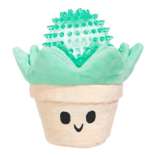 Load image into Gallery viewer, A cute plush cactus toy in a small beige pot with a smiling face, featuring mint green plush petals and a translucent green spiky textured top on a white background.
