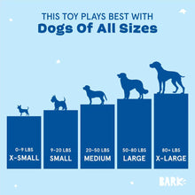 Load image into Gallery viewer, Bar chart showing toy size recommendations for dogs of various weights on a blue background with 'Bark' logo.