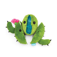 Load image into Gallery viewer, Green cactus-shaped plush toy with a blue center and pink flower on a white background