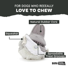 Load image into Gallery viewer, Dog chew toy shaped like a shark with labeled features on a white background