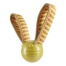 Load image into Gallery viewer, Bunny-shaped wooden toy with a yellow ball on a white background
