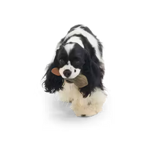 Load image into Gallery viewer, Dog toy resembling a black and white dog holding a bone on a transparent background