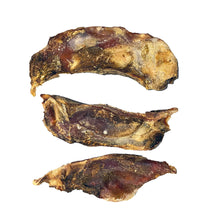 Load image into Gallery viewer, Three dried beef cartilage moon bone treats against a white background.
