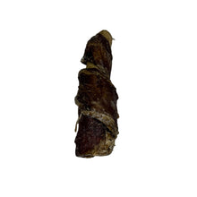 Load image into Gallery viewer, Wrinkled brown Biltong Wrapped Buffalo Tail on a white surface