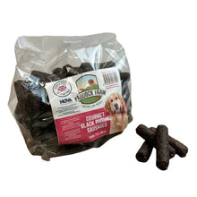 Load image into Gallery viewer, Packaged Nova Small Black Pudding Sausages on a wooden surface, with one sausage displayed in front of the package.