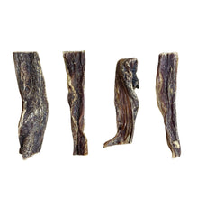 Load image into Gallery viewer, Three buffalo flat gullets for dogs, arranged side by side on a white background. Each gullet has a different shape and size, showcasing the natural variation in texture and shape.