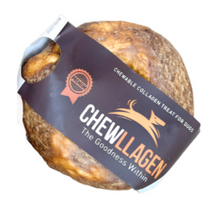 Load image into Gallery viewer, A round chewable collagen treat for dogs wrapped in a dark brown paper band labeled 'CHEWLLAGEN' with a small clear window showing the golden-brown treat inside, on a white background.