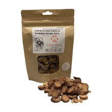 Load image into Gallery viewer, Bag of Chow Paws Chicken and Salmon Training Treats with treats spilling out on a white background