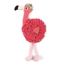 Load image into Gallery viewer, A pink plush flamingo toy with a textured, cube-like body, long pale pink legs, a cream beak, and a small multicolor flower crown, shown on a plain white background.