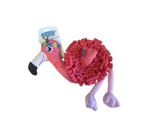 Load image into Gallery viewer, Pink flamingo-shaped dog toy with a brand tag on a white background