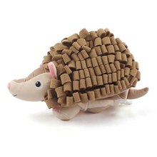 Load image into Gallery viewer, A plush hedgehog toy with a soft beige body, pink inner ears, and a brown textured spiky shell, shown on a clean white background.