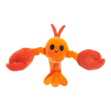 Load image into Gallery viewer, A plush lobster toy in bright orange and red, featuring a smiling face, black eyes, antennae, and large clawed arms, isolated on a white background.